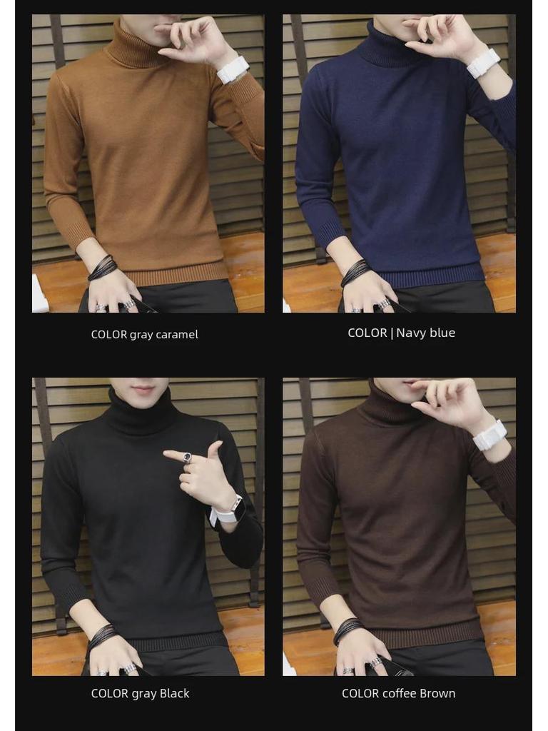 Мужской корейский облегающий свитер с высоким воротом - однотонная вязка для осени и зимы