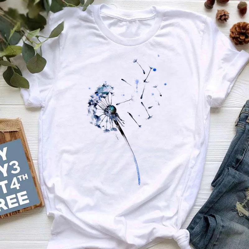 Summer Dandelion Butterfly Print Women Tshirt Casual White and Black T-shirt Funny T Shirt Gift for Lady Young Girl Tops