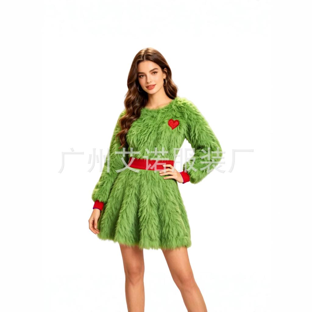 2026 New Halloween Green Plush Contrasting Color Dress Elf Cosplay COS Costume Christmas