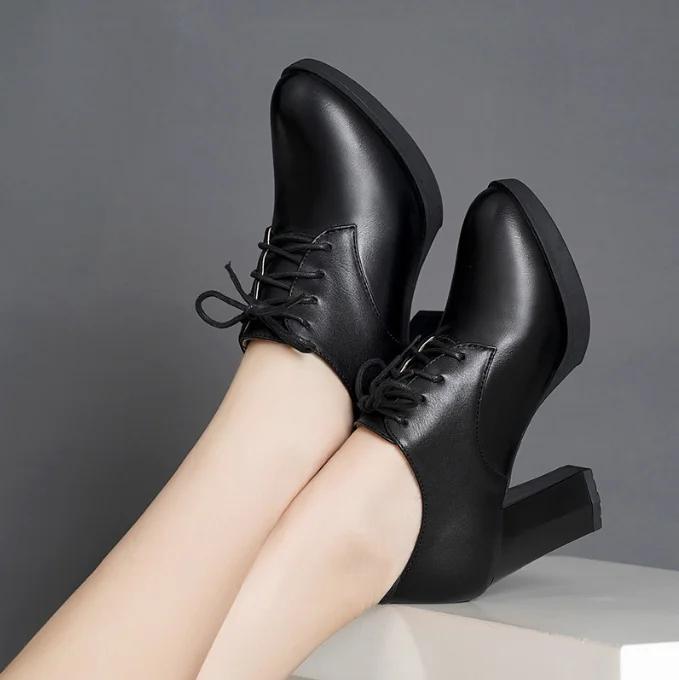 Женские туфли на высоком каблуке, рабочая обувь на платформе, черные, женские, нарядные, весна-осень, круглый носок, толстый каблук, большой размер 43, повседневные туфли-лодочки