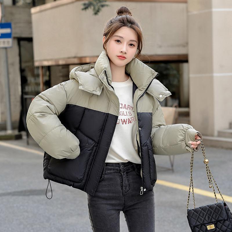 Autumn and Winter Women's Coat Hooded Short Color Matching Loose Casual Thickened Windproof Student Jacket