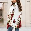 Women Plus Size Long Sleeve Open Front Draped Collar Curved Hem Floral Butterfly Printed White Cardigan