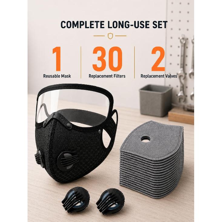 Reusable Carbon Filter Dust Mask with Detachable Goggles, Half Face Windproof Mask with 30 Filters & 2 Valves for Woodworking, Cycling, Mowing,