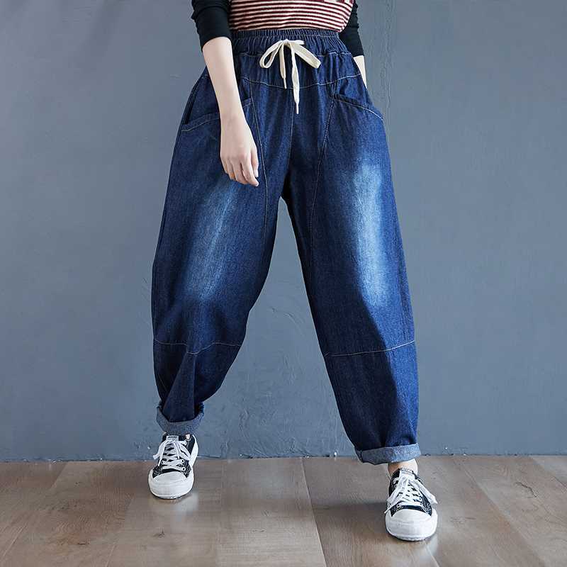 Большие размеры Весна Лето Осень Повседневные свободные джинсы Винтажные цветочные джинсы Женские брюки из денима с высокой талией Шаровары