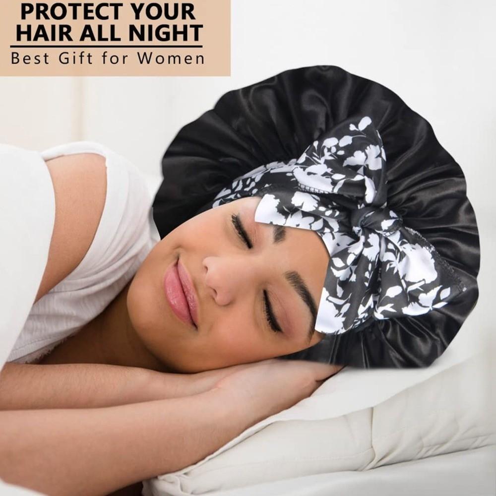 New Wide Edge Women's Silk Hat Elastic Breathable Flowers Patterns Satin Shower Cap Sleeping Hat Hair Care