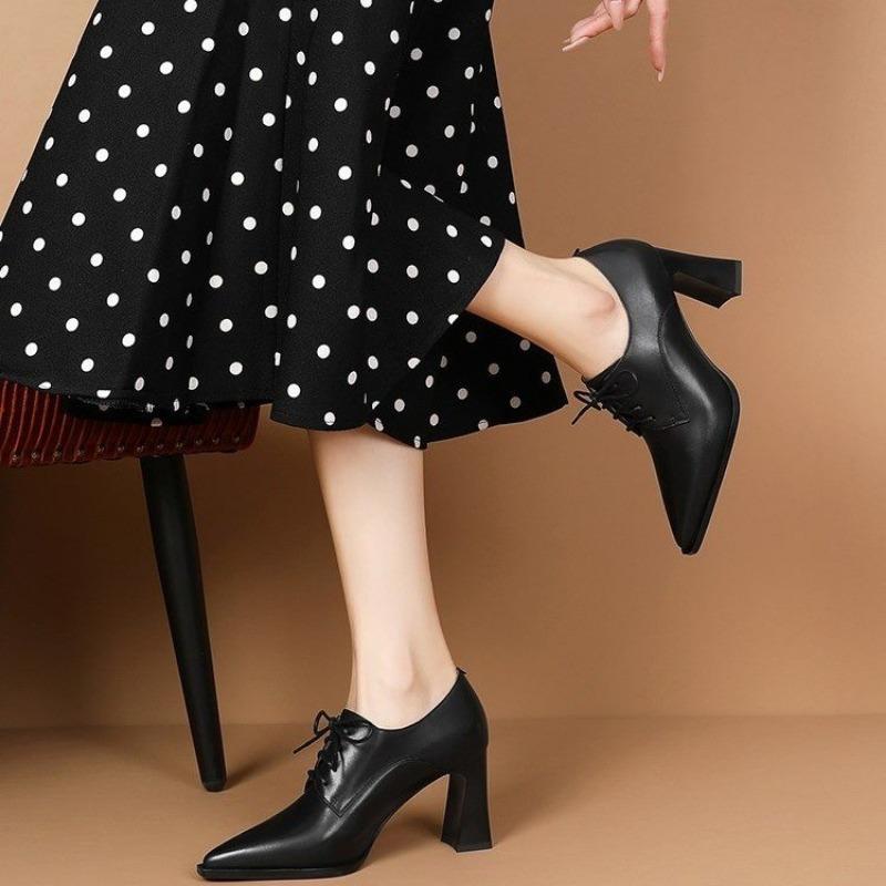 Autumn Winter High-quality Leather Women's Shoes Pointed Toe Women's High Heels Women's Lace-up Deep-mouth Strap-on Single Shoes