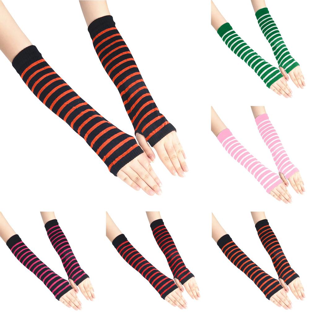 Women Fashion Punk Gothic Stripe Long Arm Warmer Fingerless Gloves