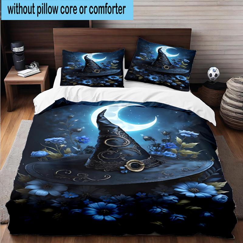 Witch's Hat And Crescent Moon 3pcs Bedding,Including 1pc Duvet Cover And 2pcs Pillowcases Perfect for Christmas,Ideal for Bedroom, Dormitory