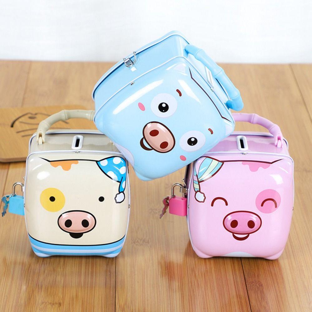 Pig Shape Money Saving Box Tinplate Coins Storage Box Handheld Piggy Bank  For Children Gift