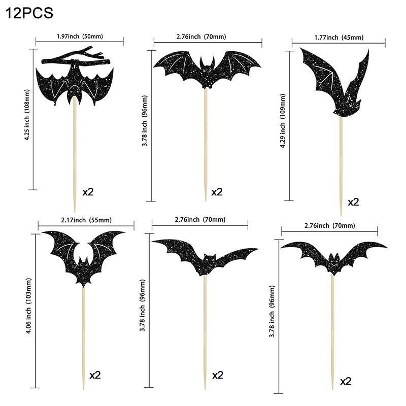 12/24 шт. Хэллоуин Летучая мышь Топпер для кексов Черная блестящая летучая мышь Топперы для кексов для детей Хэллоуин Вечеринка по случаю дня рождения Торт Декоративные принадлежности