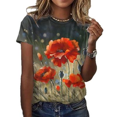 Летний топ с круглым вырезом и 3D-цветочным принтом, модные повседневные женские футболки с короткими рукавами