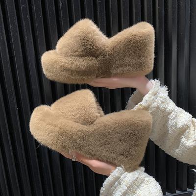 Модные женские тапочки однотонные туфли для улицы повседневные шлепанцы женские меховые слайды женские туфли на высоком каблуке зимние тапочки на танкетке современные тапочки женские