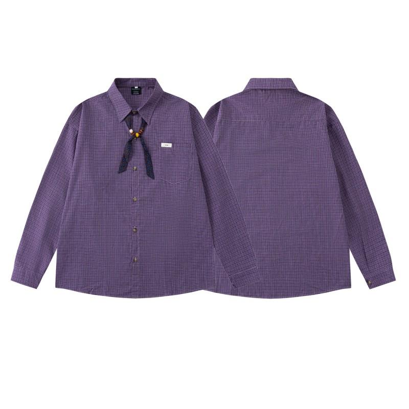 American Vintage Purple Plaid Long Sleeve Shirt Loose Fit Casual Top Men Women