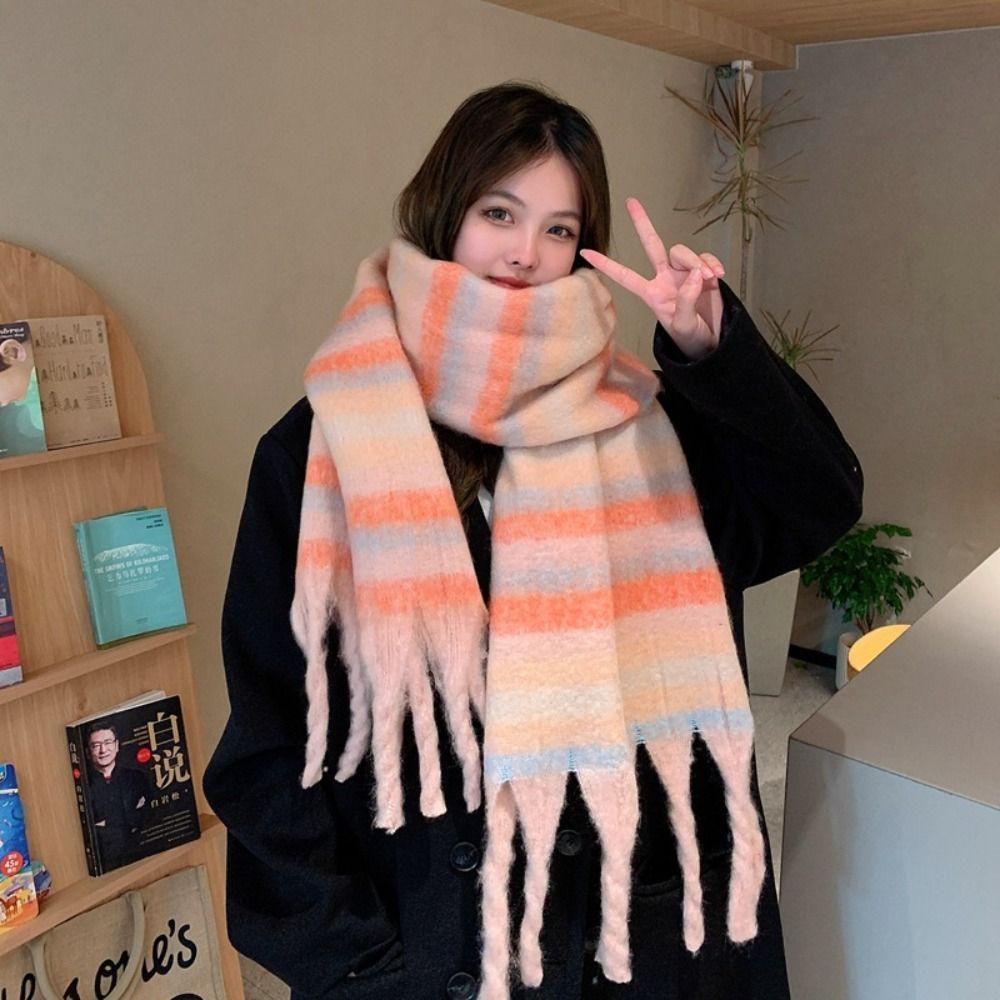 Warm Winter Cashmere Scarf Stripe Pattern Thickened Shawl Wrap Retro Long Tassel Scarves  Women
