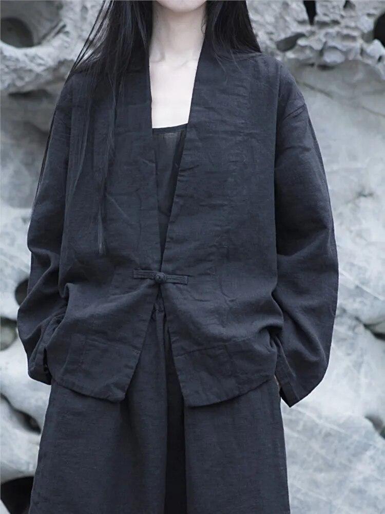 Johnature Autumn Woman Linen Vintage Disc Buckle Suit Coat Solid Color V-Neck Retro Loose Long Sleeves Coat