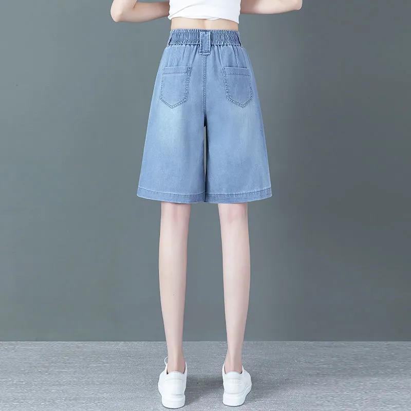 Тонкие джинсовые шорты Tencel, женские летние свободные тонкие брюки с высокой талией, широкие брюки из ледяного шелка с пятью точками