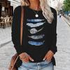 Tops For Women Bird Feathers Print Round Neck Long Sleeve T-shirt Fall Casual Slim Pullover Women's Long Sleeve Top