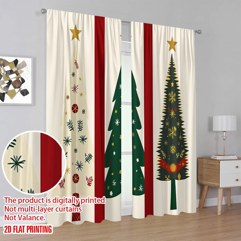 2pcs,2D Plane Printing Print Curtains Christmas Trees Festive Collection (3) Durable 100% Polyester Fabric (without Rod)