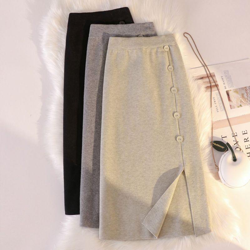 Корейская трикотажная юбка средней длины средней длины с высокой талией и универсальным дизайном из шерсти А-силуэта с запахом ягодиц, женские топы