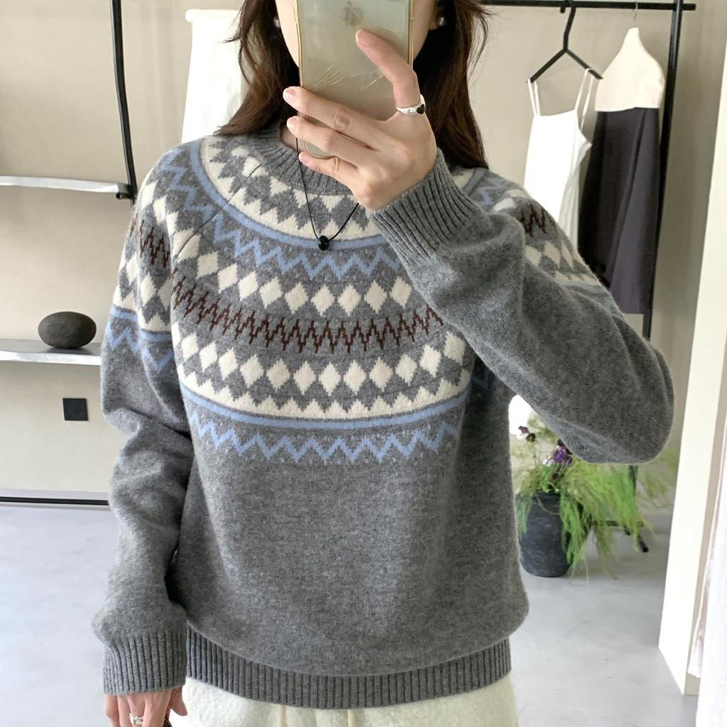 Женский джемпер Fair Isle со круглым вырезом, 100% шерсть - Ретро жаккардовый трикотаж для осени/зимы