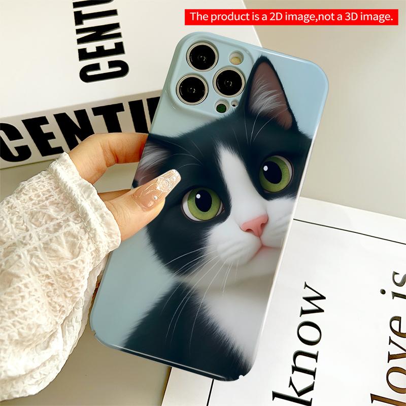 2DFlat Black and White Cat with Green Eyes Phone Case All inclusive film hard iPhone case, compatible with iPhone 18 Pro Max 17 16 15 14 13 12 11