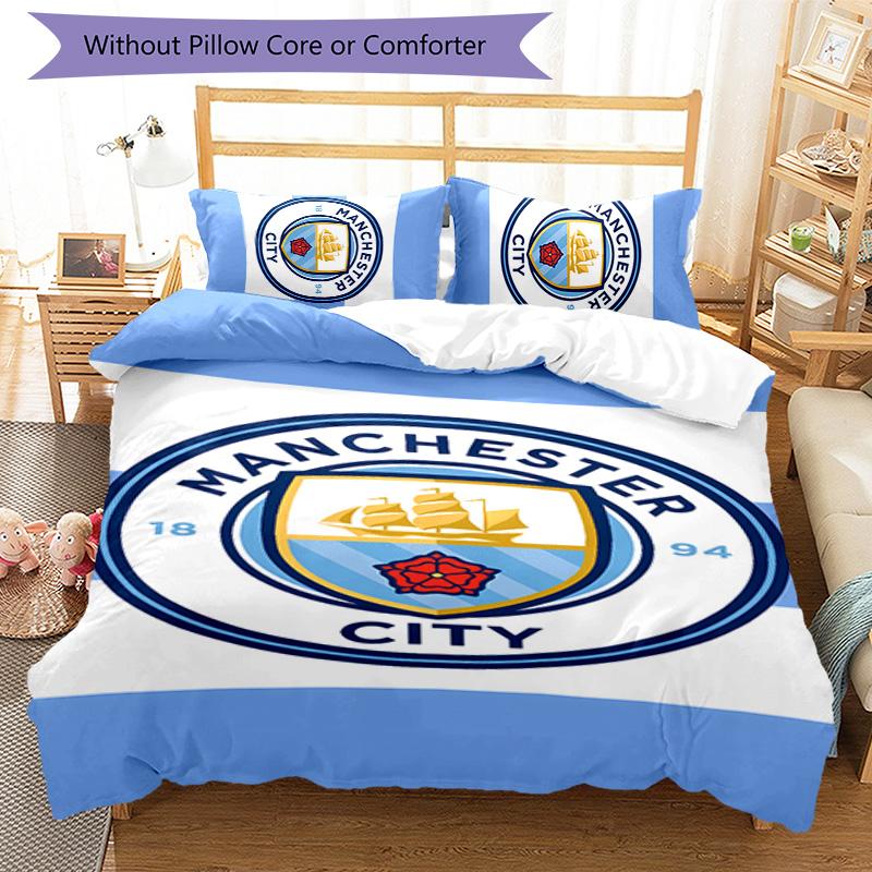 3pcs Manchester City Football Club pattern bedding set duvet cover set includes duvet cover &pillowcases,perfect all season bedroom decoration&gift