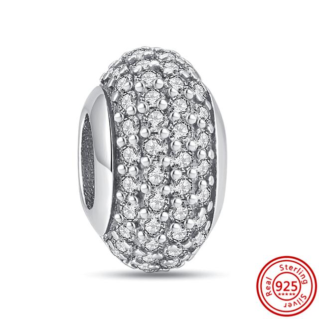 Стерлингового серебра 925 пробы, белый прозрачный циркон, сверкающие модные бусины-клипсы, подходящие для браслетов, ювелирных изделий