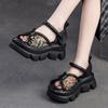 Ethnic Style Embroidery Spliced Genuine Leather Thick Sole Peep Toe Sandals Casual Women's Platform Shoes