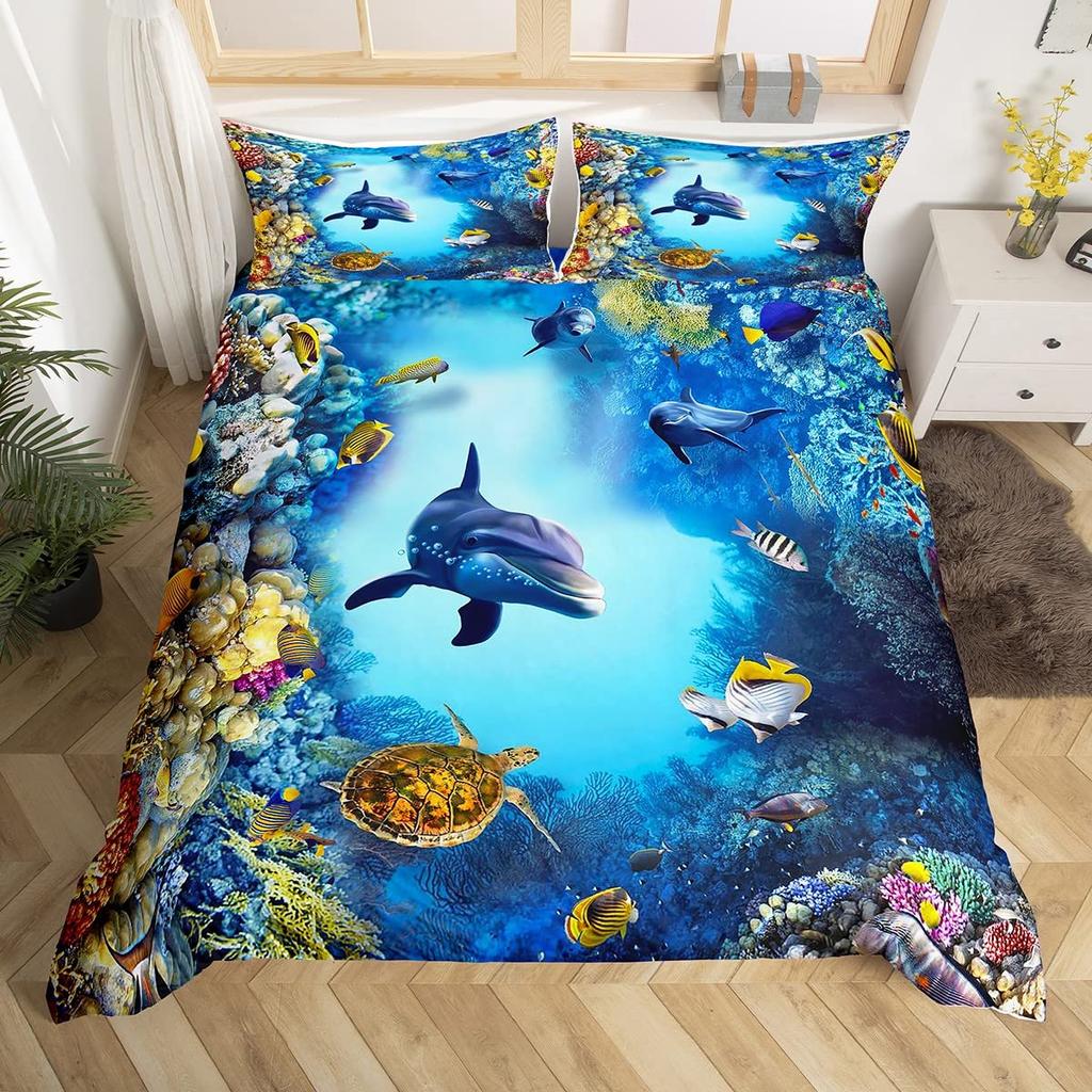 Cat Duvet Cover Set Watercolor Whale Fishing Bedding Set Ocean Sea Wave Comforter Cover Marine Nautical Themed Bedspread Cover