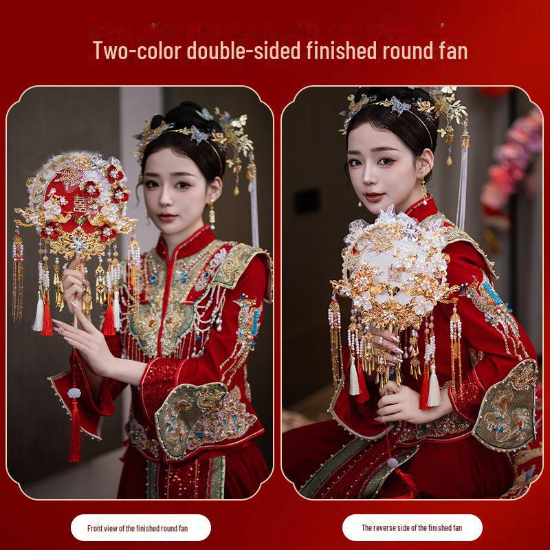 Красный кружевной свадебный круглый веер для одежды Xiuhe с двухсторонней маской своими руками - китайский стиль (9255)