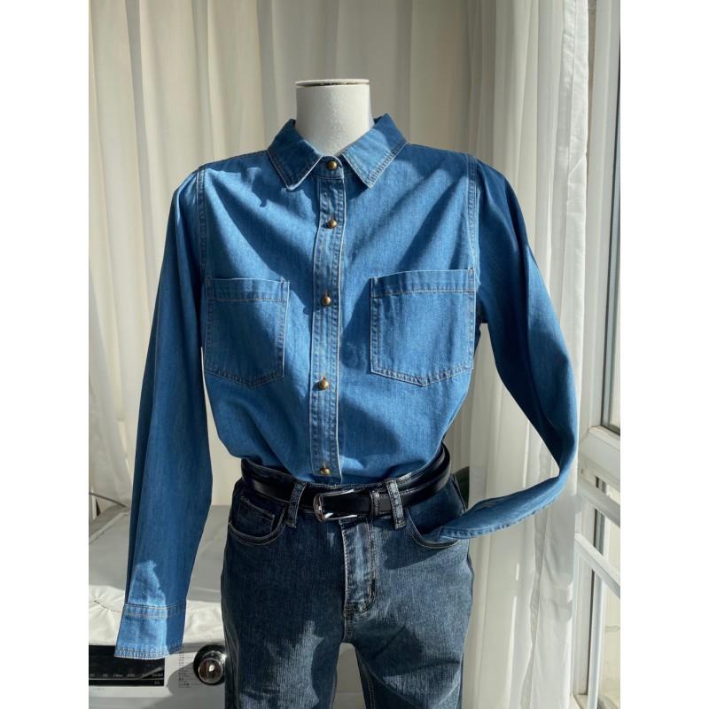 Womens Blue Denim Shirt Loose Fit Oversized Cotton Blend Top Retro Style POLO Collar Long Sleeve