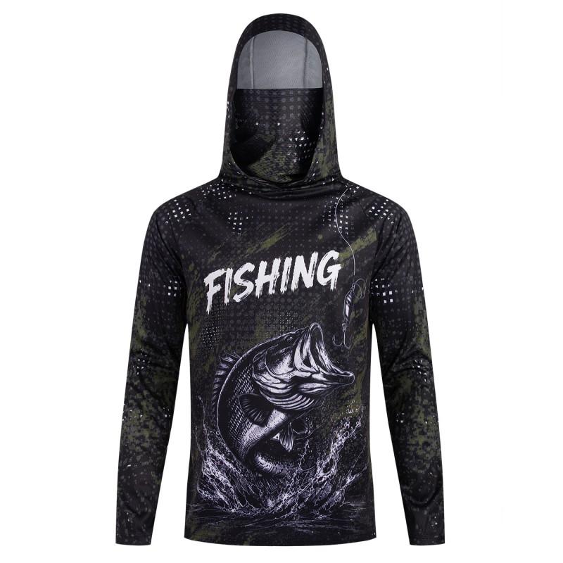 Mens Quick-Dry Fishing Shirt With Hooded Face Cover UV Protection Outdoor Sportswear Hiking Cycling Angling
