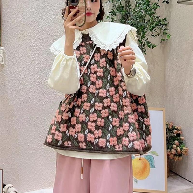 Вязаный свитер жилет женский осень зима круглый вырез вышитый цветочный без рукавов универсальные повседневные топы винтажный модный пуловер