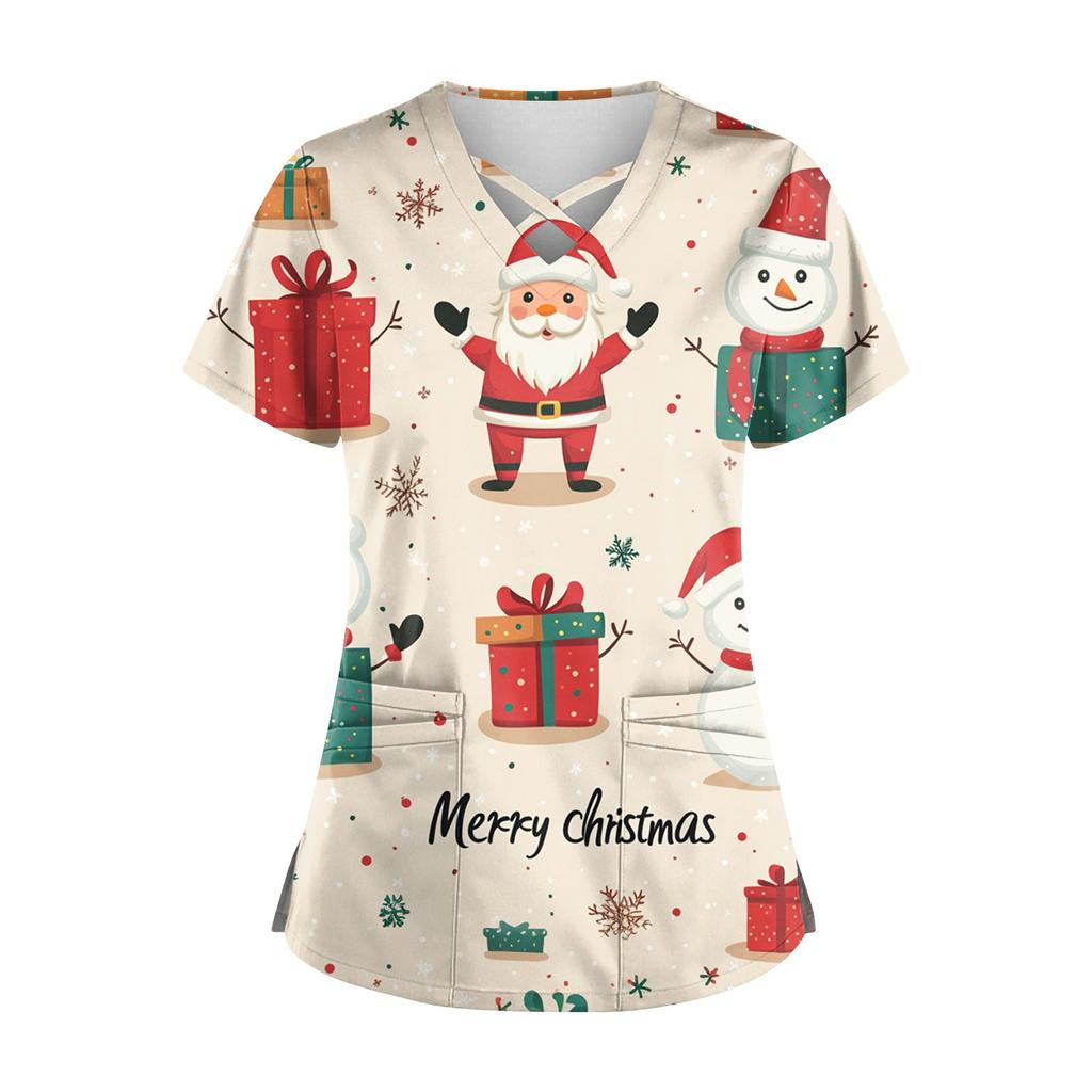 Women's Short Sleeve Stagger V Neck Christmas Print Pocket Dry-nurse Top