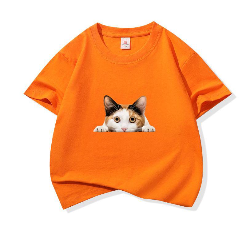 Kids Cotton T Shirt Peeking Calico Cat Graphic Print Crew Neck Short Sleeve Tee Casual Breathable Boys Girls Summer Tops