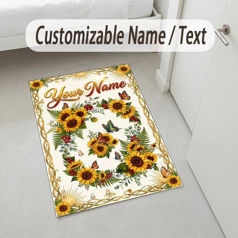 Floral Garden Theme Crystal Velvet Rug Personalized Custom Name Text Soft Floor Mat Home Decor