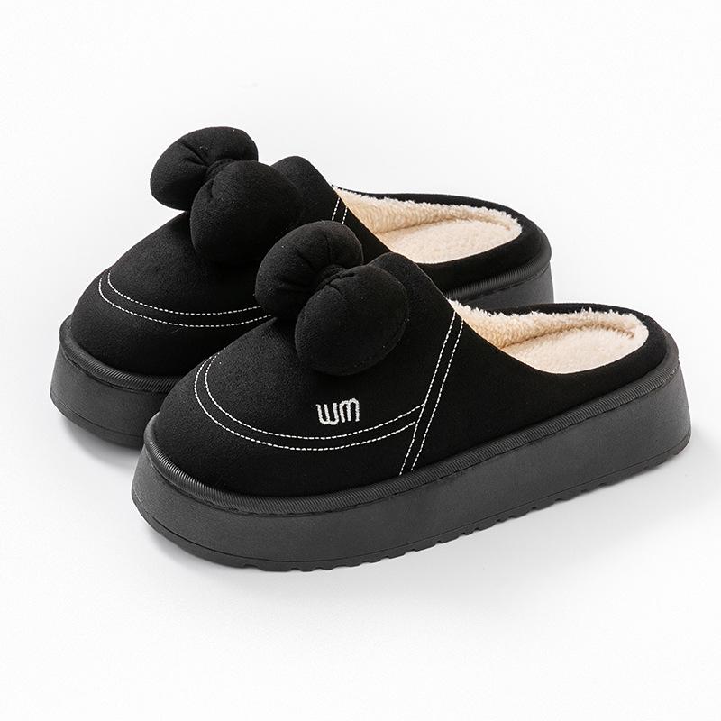 Cartoon Bow Cotton Slippers Autumn and Winter Thick-soled Velvet Warm and Comfortable Indoor Home Couple Shoes