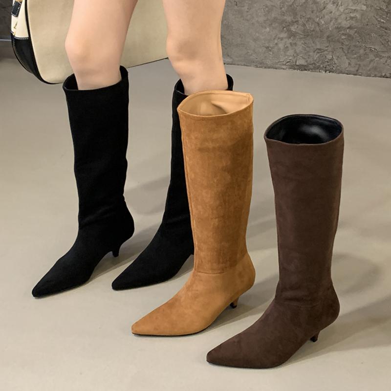 Eilyken Зимние женские сапоги до колена с острым носком, модные туфли на тонком низком каблуке, дизайнерские плиссированные ботильоны