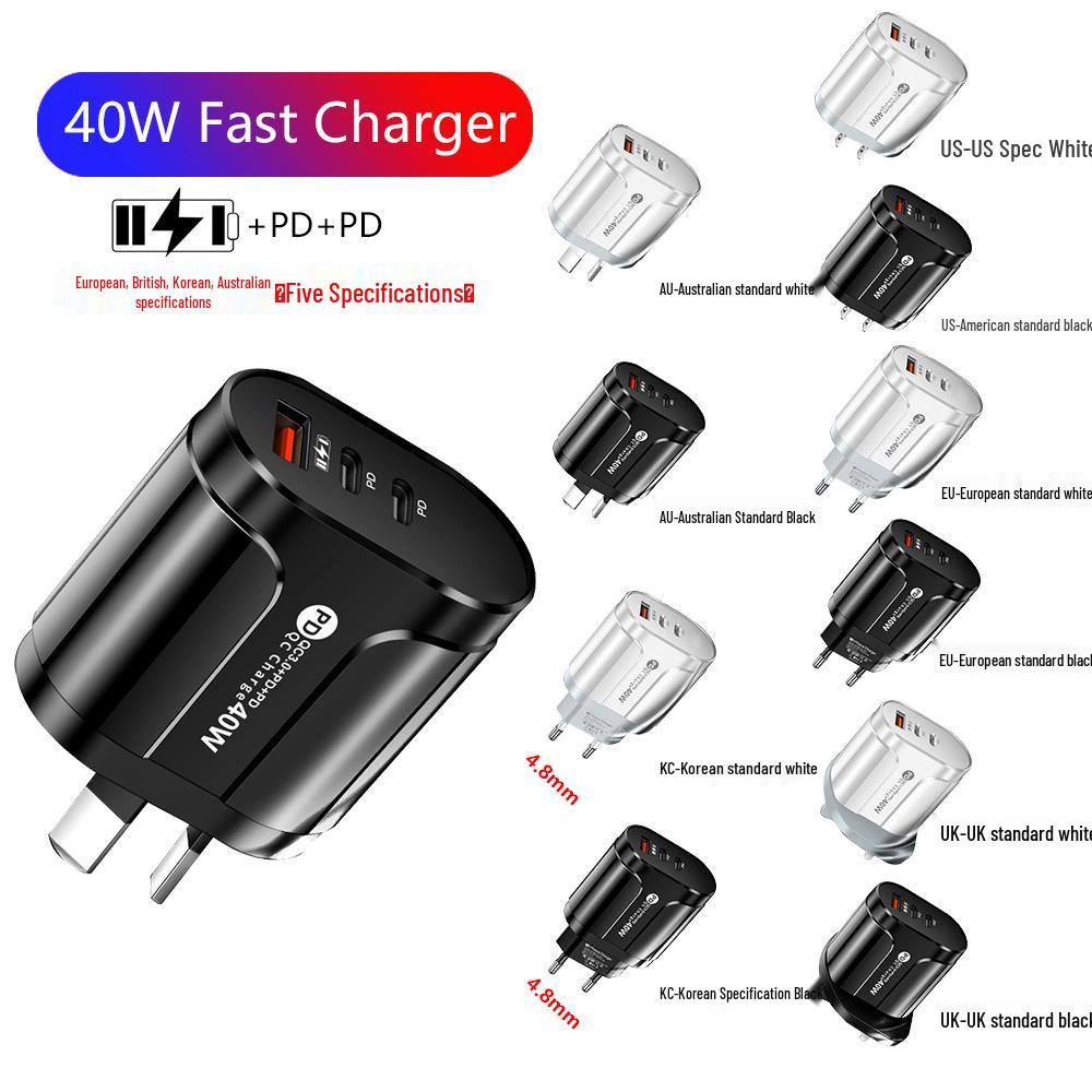 Светодиодное дорожное зарядное устройство 2,4 А USB + двойной Type-C PD для спецификаций ЕС/США