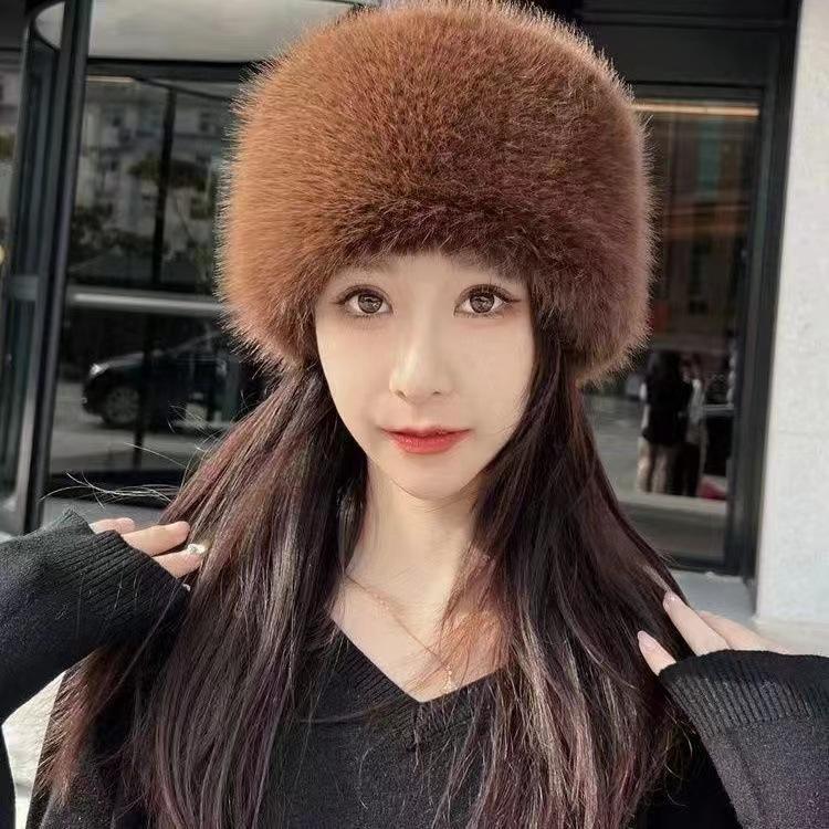Imitation Fur Faux Fox Fur Flat Top Hat Plush Bucket Hat Thick Warm Double-ear Dome Fairy Hat