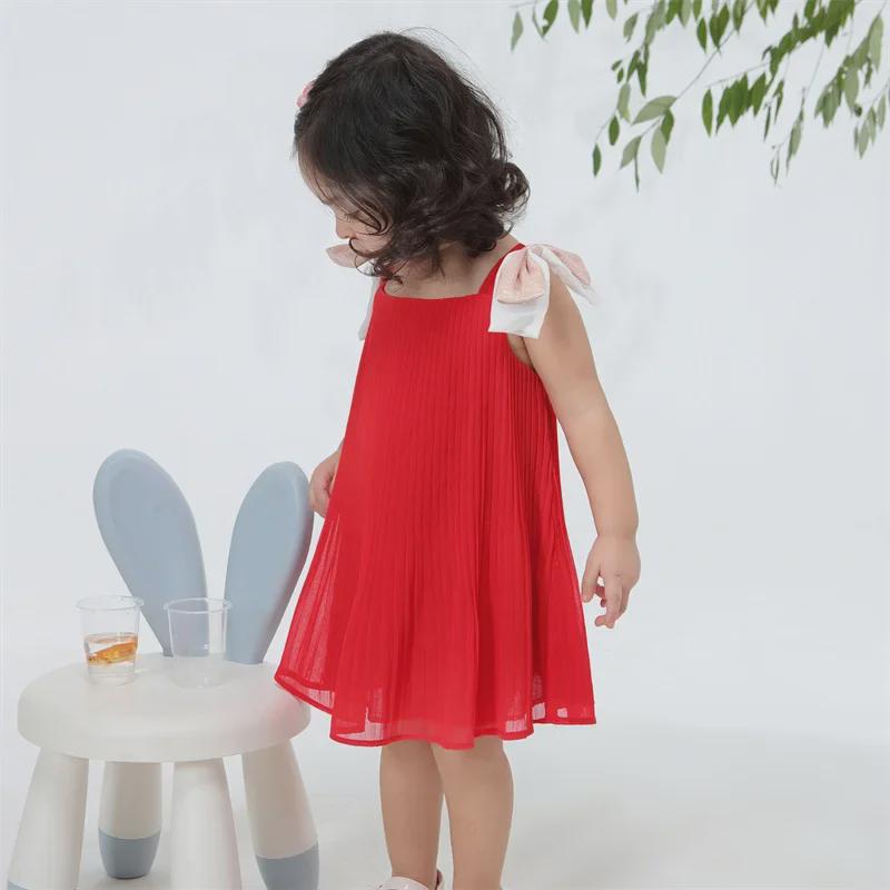 Pleated Chiffon Summer Princess Dress with Big Bow for Girls