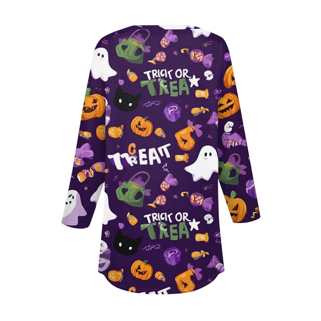 Женская модная свободная футболка с пуговицами на воротнике, с принтом на Хэллоуин, с длинным рукавом, топ, пуловер