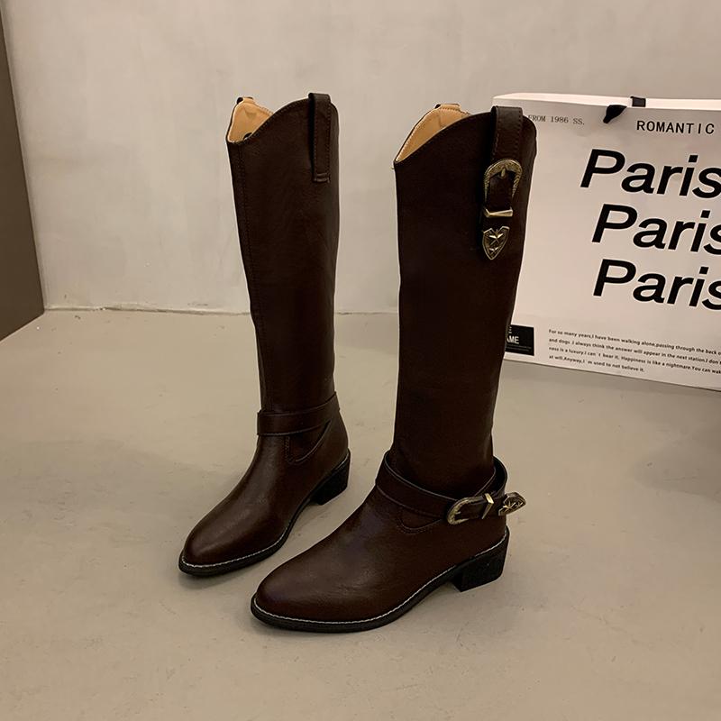 Акция на женскую обувь 2024 года, высококачественные женские ботинки, зимние, с пряжкой, острым носком, однотонные, высокие, на толстом каблуке, рыцарские ботинки