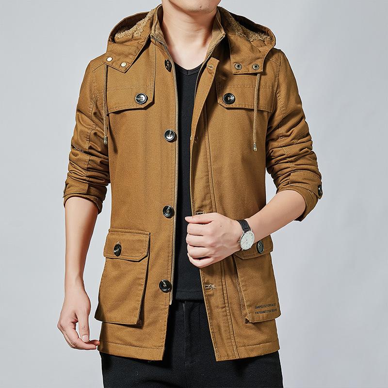 Осень и зима, новая корейская версия повседневной мужской куртки, ворсистый и утолщенный, вымытый чистый хлопок, средний и длинный тренчкот для мужчин