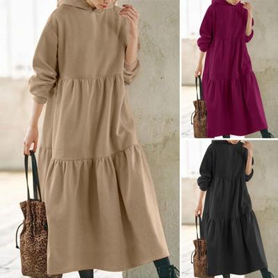 Осеннее женское платье-толстовка с оборками, однотонное свободное платье с длинными рукавами и большим подолом, платье с капюшоном для отдыха