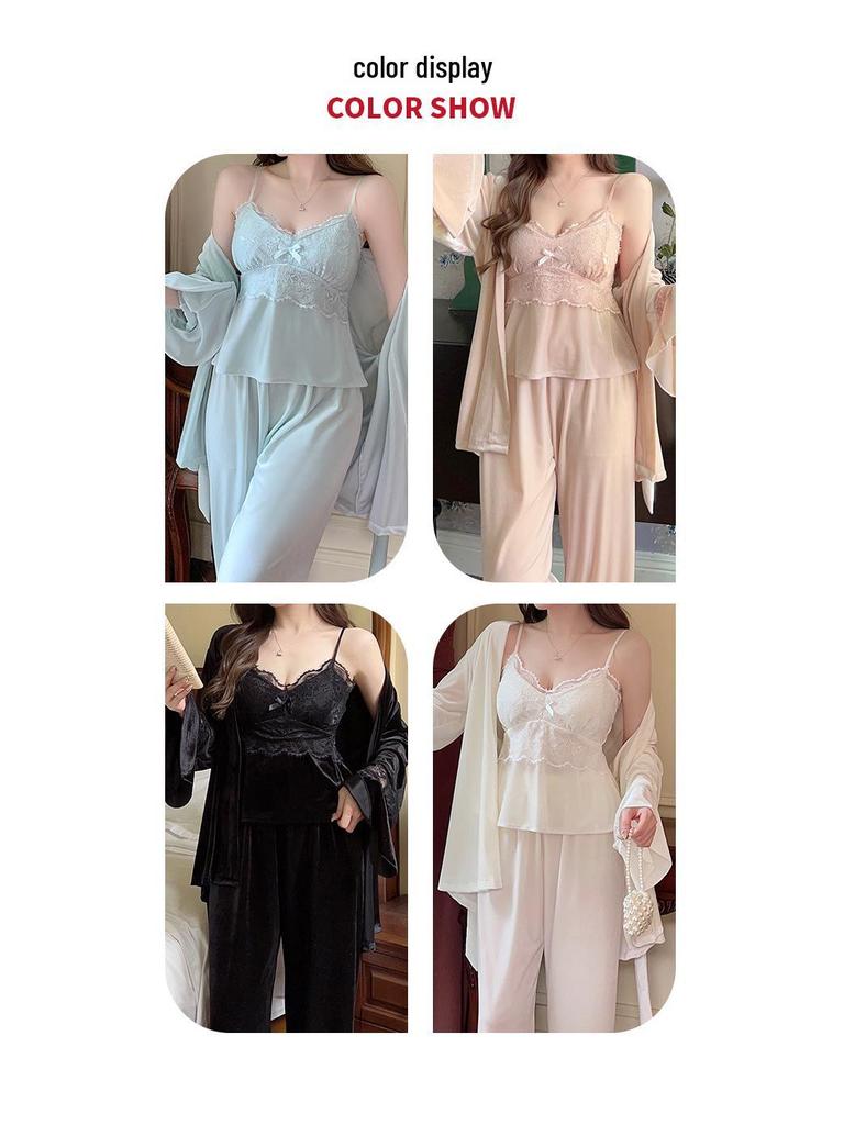 Женская пижама из золотого бархата: Халат с длинным рукавом и милый роскошный комплект из 3 предметов с нагрудными вкладышами