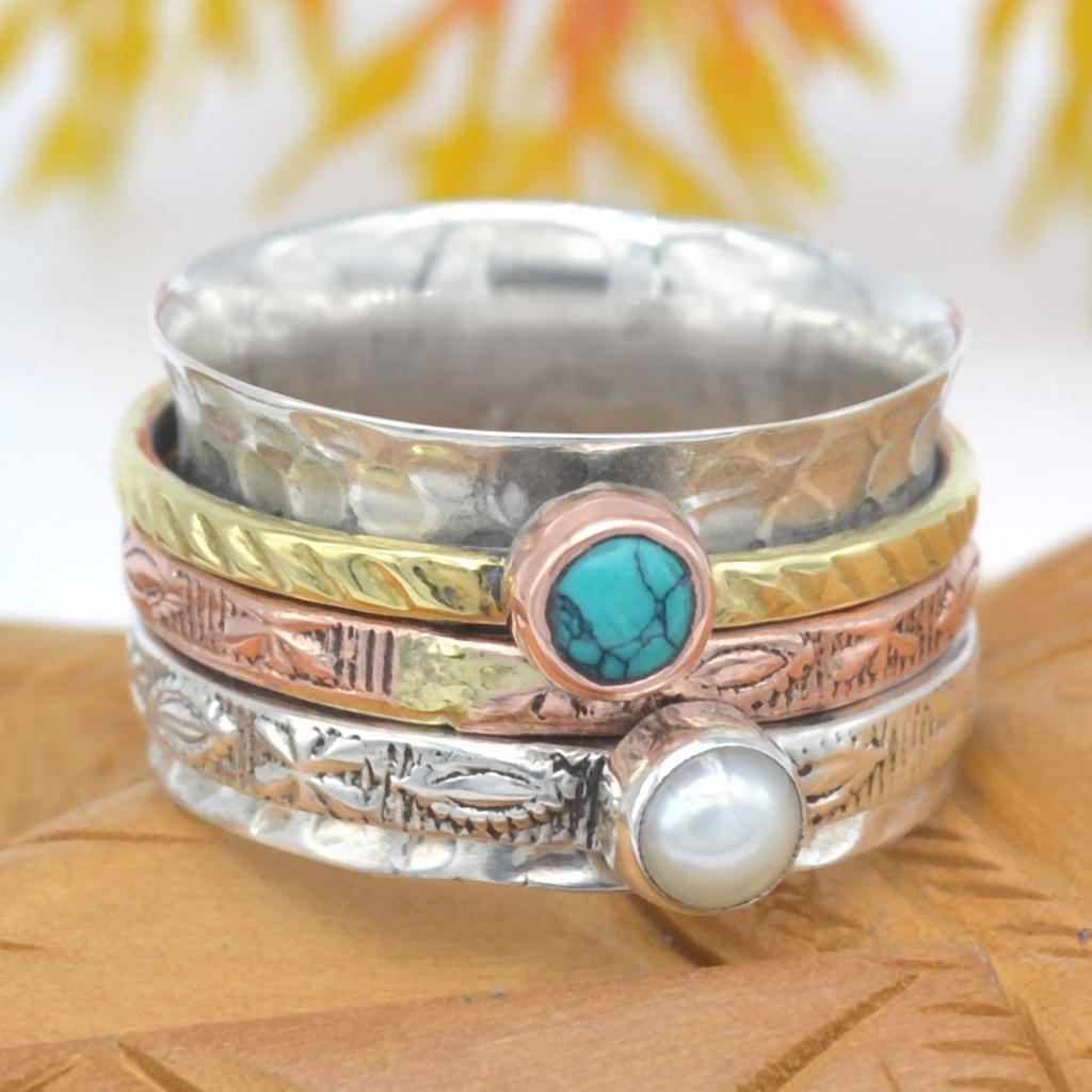 Pearl & Turquoise Ring, Spinner Ring, Handmade Ring, Meditation Ring, Gift For Her, Anniversary Gift, Solid Ring