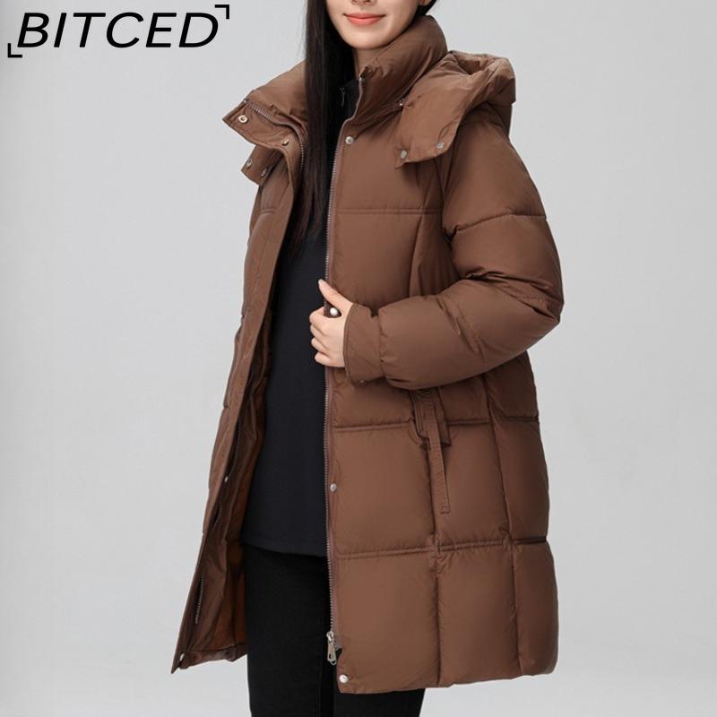 BITCED Fashionable Mid-Length Cotton Coat for Women Trendy Casual Warm-Weather Jacket with Detachable Hood