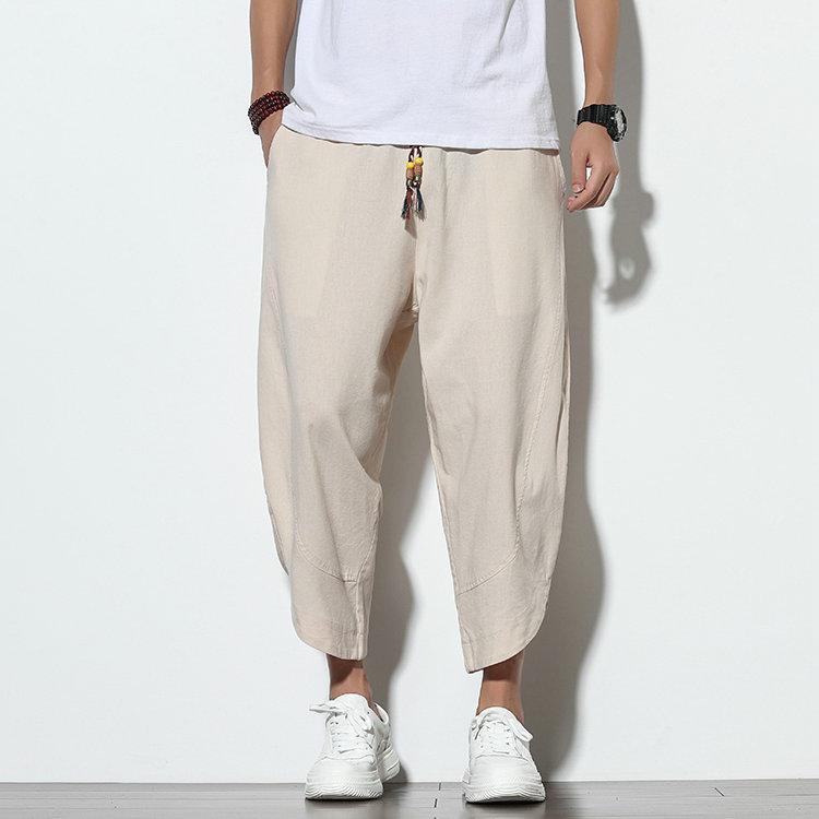 Men's Spring and Autumn Thin Section of Plus Size Linen Loose Harlequin Trousers Beach Lantern Trousers