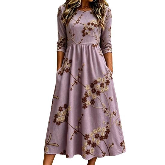 Elegant Daily Wear for Work Dating Autumn Floral Midi Dress Women, Long Sleeve Bohemian A Line Breathable Polyester Fiber Dress Vintage Waist-Cinching